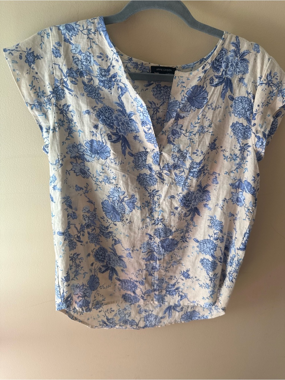 Anne Carson linen blend toile floral vibe blue white blouse size Small